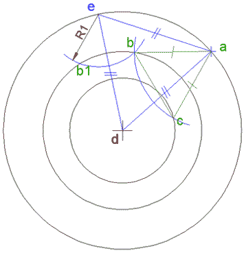 حل المسألة: رسم مثلث متساوي الأضلاع على ثلاثة دوائر متحدة المركز